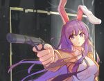  1girl absurdres animal_ears black_necktie brown_jacket collared_shirt commentary_request diving_penguin foreshortening grey_background gun handgun highres holding holding_gun holding_weapon jacket long_hair necktie open_mouth purple_eyes purple_hair rabbit_ears reisen_udongein_inaba shirt simple_background solo suppressor touhou upper_body very_long_hair weapon white_shirt 