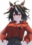  1girl absurdres ahoge animal_ears bangs black_hair breasts cosplay crop_top crop_top_overhang cropped_hoodie hands_on_hips highres hood hood_down hoodie horse_ears horse_girl ines_fujin_(umamusume) ines_fujin_(umamusume)_(cosplay) kitasan_black_(umamusume) long_sleeves multicolored_hair navel nayuta0603 orange_eyes orange_hoodie shirt short_hair smile smug solo streaked_hair tight tight_shirt two-tone_hair umamusume white_hair 