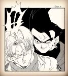  ! !! 2boys artist_name black_border black_eyeshadow blank_speech_bubble border capsule_corp denim denim_jacket dougi dragon_ball dragon_ball_super earrings eyeshadow fenyon goku_black highres jacket jewelry looking_at_another makeup male_focus monochrome multiple_boys neckerchief open_mouth parted_lips possessed potara_earrings shirt simple_background smirk son_gohan speech_bubble spiked_hair spoken_exclamation_mark surprised trunks_(dragon_ball) trunks_(future)_(dragon_ball) v-shaped_eyebrows 