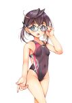  1girl absurdres adjusting_eyewear alternate_costume aqua-framed_eyewear aqua_bow aqua_bowtie black_hair bow bowtie breasts brown_hair brown_swimsuit competition_swimsuit covered_navel cowboy_shot glasses green_eyes hair_between_eyes highleg highleg_swimsuit highres kantai_collection multicolored_clothes multicolored_hair multicolored_swimsuit okinami_(kancolle) one-piece_swimsuit open_mouth pink_hair purple_swimsuit short_hair simple_background small_breasts smile solo swimsuit white_background yashin_(yasinz) 
