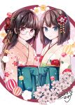  2girls alternate_costume black_hair brown_hair choukai_(kancolle) floral_print glasses green_eyes green_hakama hair_ornament hakama highres japanese_clothes kantai_collection kimono long_hair makina00 maya_(kancolle) multiple_girls pink_kimono print_kimono red_eyes semi-rimless_eyewear short_hair smile under-rim_eyewear x_hair_ornament yellow_kimono 