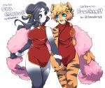  2017 5_fingers accessory anthro asian_clothing bare_shoulders biped black_arms black_body black_ears black_eyebrows black_face black_fur black_hair black_hands black_legs black_nose black_stripes blonde_hair blue_eyes blue_pupils boa_(clothing) breasts chinese_clothing chinese_dress claws closed_smile clothed clothing countershade_arms countershade_face countershade_hands countershading dark_eyebrows dark_hair dark_hands dark_nose dark_stripes digital_media_(artwork) double_bun dress duo east_asian_clothing eyebrow_through_hair eyebrows facial_markings felid female finger_claws fingers fuo_(hanadaiteol) fur giant_panda gloves_(marking) gradient_hair hair hair_accessory hairclip hand_holding head_markings interlocked_fingers kemono leg_markings long_hair looking_at_another mammal markings medium_breasts monotone_claws monotone_eyebrows monotone_eyes monotone_hair monotone_hands monotone_nose multicolored_body multicolored_ears multicolored_fur multicolored_hair open_mouth orange_body orange_claws orange_ears orange_face orange_fur pantherine pink_hair pupils red_clothing red_dress red_eyes red_pupils shoronpo short_dress short_hair simple_background sleeveless sleeveless_dress smile socks_(marking) striped_arms striped_body striped_face striped_fur striped_legs stripes tan_body tan_countershading tan_face tan_fur tan_inner_ear teeth teteteko tiger translucent translucent_hair two_tone_arms two_tone_body two_tone_face two_tone_fur two_tone_hair two_tone_legs ursid white_arms white_background white_body white_face white_fur white_legs 