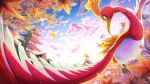  absurdres bird blurry building closed_mouth cloud commentary_request day falling_leaves flying highres ho-oh leaf looking_back no_humans outdoors pokemon pokemon_(creature) red_eyes ririri_(user_rkrv7838) sky smile solo tower tree 