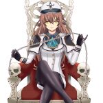  1girl age_progression brown_hair capelet_lift chair crossed_legs eiyuu_densetsu gloves green_eyes hat highres long_hair long_sleeves looking_at_viewer sen_no_kiseki simple_background skull smile solo thighhighs towa_herschel uniform white_background 