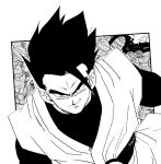  1boy artist_name bangs belt city commentary dragon_ball dragon_ball_z fenyon great_saiyaman greyscale halftone highres looking_at_viewer male_focus monochrome outside_border shirt smirk solo son_gohan spiked_hair superhero v-shaped_eyebrows 