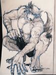  abs anthro barefoot beastars biceps bottomwear canid canine canis claws clothed clothing feet fur grey_body hi_res legoshi_(beastars) looking_at_viewer male mammal mizue muscular muscular_anthro muscular_male partially_clothed shorts solo tattoo toes tongue tongue_out topless topless_anthro topless_male traditional_media_(artwork) triceps wolf 