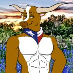  anthro bandana_on_neck bluebonnets bovid bovine cattle countryside filtered_background hand_on_hip male mammal outside photo_background shirtless_(male) solo sunset texas texas_longhorn 