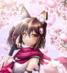  1girl absurdres adjusting_scarf animal_ears bangs black_gloves blue_archive blurry brown_eyes brown_hair cherry_blossoms commentary_request depth_of_field eyebrows_visible_through_hair eyeshadow fingerless_gloves fishnets fox_ears fox_girl fox_hair_ornament gloves hair_between_eyes highres izuna_(blue_archive) long_hair looking_at_viewer makeup petals red_scarf rope scarf school_uniform serafuku shimenawa sidelocks sleeveless smile solo tomonx 