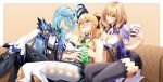  3girls absurdres bangs bare_shoulders black_gloves black_hairband blonde_hair blue_eyes blue_hair blush bow breasts brown_hair cleavage commentary_request cup dress drinking_glass eula_(genshin_impact) eyebrows_visible_through_hair genshin_impact gloves green_eyes hair_between_eyes hair_bow hair_ornament hairband highres jean_(genshin_impact) lisa_(genshin_impact) long_hair long_sleeves medium_hair multiple_girls necktie open_mouth pants ponytail sidelocks soruna_(nell) thighhighs yellow_eyes yuri 