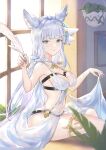  1girl animal_ears bangs bikini blue_eyes blurry blurry_foreground breasts choker cleavage closed_mouth dress erune eyebrows_visible_through_hair feet_out_of_frame granblue_fantasy hair_ornament hanging_plant highres holding holding_quill korwa lips long_hair looking_at_viewer medium_breasts navel o-ring o-ring_bottom quill revealing_clothes shiromimin sitting skirt_hold smile solo star_(symbol) star_hair_ornament swimsuit white_bikini white_dress window 