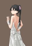  1girl black_eyes black_hair bridal_gauntlets brown_background chagamaka dress earrings from_behind highres houshou_(kancolle) jewelry kantai_collection looking_back ponytail ring smile solo strapless strapless_dress unzipped wedding_band wedding_dress white_dress 