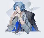  1boy black_jacket black_necktie blue_hair bracelet closed_mouth earclip elbows_on_table ensemble_stars! expressionless hair_strand highres himeru_(ensemble_stars!) interlocked_fingers jacket jacket_on_shoulders jewelry laoelaoee looking_at_viewer male_focus necktie paper partially_unbuttoned pendant pendant_removed print_necktie shirt short_hair solo suspenders tie_clip undone_necktie upper_body white_background white_shirt yellow_eyes 