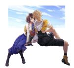  1boy 1girl blonde_hair breasts brown_hair closed_eyes closed_mouth cloud detached_sleeves final_fantasy final_fantasy_x full_body gloves hakama hakama_skirt japanese_clothes jewelry necklace sasanomesi short_hair skirt tidus yuna_(ff10) 