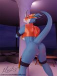  3d_(artwork) anthro armor back_muscles bandai_namco blender_(software) blue_body butt digimon digimon_(species) digital_media_(artwork) female flamedramon genitals hiddenmask18 leaning leaning_forward looking_at_viewer looking_back pussy raised_tail rear_view scalie solo 