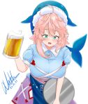  absurdres animal_hat apron beer_mug blue_apron blue_headwear blue_shirt blush breasts collared_shirt cup dated eyebrows_visible_through_hair fang green_eyes hat highres holding holding_cup large_breasts leaning_forward looking_at_viewer messy_hair mug natch_imaycz ofuda ofuda_on_clothes okunoda_miyoi pink_hair puffy_short_sleeves puffy_sleeves purple_skirt shirt short_sleeves signature skirt smile solo touhou tray upper_body whale whale_hat white_background 