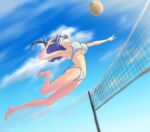  1girl beach_volleyball bikini blue_eyes blue_hair breasts closed_mouth cloud feet hololive hololive_english large_breasts ouro_kronii outdoors sky swimsuit toes varsien virtual_youtuber volleyball volleyball_net 