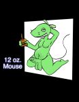  12_oz._mouse adult_swim alcohol anthro bedroom_eyes belly_blush belly_overhang beverage blush bodily_fluids body_blush cartoon_network cold_alcohol erection foreskin fur genitals green_body green_fur hi_res kneeling male mammal mouse mouse_fitzgerald murid murine narrowed_eyes overweight penis rodent seductive solo sweat 