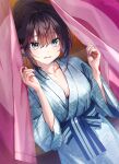  1girl bangs blue_eyes blue_kimono breasts brown_hair cleavage curtains dutch_angle hair_bun hands_up highres indoors japanese_clothes kagawa_ichigo kimono long_hair long_sleeves looking_at_viewer nail_polish obi original parted_lips sash smile solo standing 