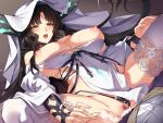  1boy 1girl black_hair black_panties breasts breasts_out clothing_aside covered_navel cowgirl_position cum cum_in_pussy detached_sleeves dress dutch_angle facial_mark fate/empire_of_dirt fate/grand_order fate_(series) fingernails forehead_mark game_cg heavy_breathing hetero highleg highleg_panties horns huge_breasts indoors long_fingernails long_hair nipples non-web_source open_mouth panties panties_aside pelvic_curtain revealing_clothes sesshouin_kiara sex sidelocks skindentation straddling string_panties thighhighs tsuki_tokage underwear vaginal veil very_long_hair white_dress white_legwear yellow_eyes 