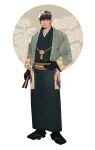  1boy absurdres black_eyes facial_hair floral_background floral_print gloves green_hair hakama hand_fan hand_on_hip highres japanese_clothes kimono looking_to_the_side male_focus mature_male messy_hair original sandals scar scar_on_face socks solo stubble yanm0ri yukata 