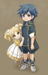  1boy 1girl blonde_hair blue_eyes blue_hair bow brother_and_sister brown_background brown_footwear chrom_(fire_emblem) dress fire_emblem fire_emblem_awakening full_body green_eyes hair_bow lissa_(fire_emblem) long_hair looking_at_viewer official_alternate_costume sayoyonsayoyo short_hair siblings silver_footwear twintails twitter_username younger 