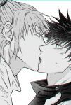  2boys bangs buttons commentary_request double_bun eye_contact eyelashes face fingernails french_kiss fushiguro_megumi fushirun_rung hair_between_eyes high_collar highres jacket jujutsu_kaisen kashimo_hajime kiss korean_commentary looking_at_another male_focus monochrome multiple_boys nose school_uniform short_hair sidelocks spiked_hair surprise_kiss surprised sweatdrop tongue tongue_out yaoi 