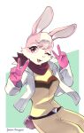  2022 absurd_res anthro bandanna belt breasts clothed clothing double_v_sign eyebrows eyelashes female fur gesture gloves handwear hi_res inner_ear_fluff kemono kerchief lagomorph leporid long_ears looking_at_viewer lucy_hare mammal namagakiokami one_eye_closed open_mouth pink_body pink_fur purple_eyes rabbit solo tuft v_sign wink winking_at_viewer 