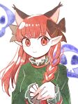  1girl :3 alternate_hairstyle animal_ears bangs bow braid cat_ears dress extra_ears eyebrows_visible_through_hair flaming_skull floating_skull green_dress hair_bow hair_down highres hiroshige_36 hitodama kaenbyou_rin long_hair long_sleeves looking_at_viewer pointy_ears puffy_sleeves red_eyes red_hair solo touhou twin_braids upper_body 
