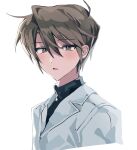  1boy bangs black_sweater blazer blush brown_eyes brown_hair highres jacket koizumi_itsuki looking_at_viewer male_focus mochoeru parted_lips short_hair simple_background solo suzumiya_haruhi_no_yuuutsu sweater upper_body white_background white_jacket 