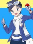  1boy :d black_hair blue_jacket blush clenched_hand commentary_request ethan_(pokemon) goggles goggles_on_head grey_eyes highres holding holding_poke_ball jacket male_focus official_alternate_costume open_mouth pants poke_ball poke_ball_(basic) pokemon pokemon_(game) pokemon_masters_ex sana_(37pisana) scarf shirt short_hair smile solo teeth tongue upper_teeth white_scarf white_shirt wristband 