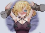  1girl @_@ alternate_costume arm_grab armpits artist_name blonde_hair blue_eyes breasts close-up future_princess gloves guardian_tales hair_over_one_eye highres looking_at_viewer medium_breasts open_mouth seo_(tqhgud016) speech_bubble sweat upper_body 