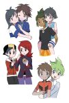  6+boys bangs black_hair black_shirt blue_jacket blue_shirt blush brendan_(pokemon) bright_pupils brown_eyes brown_hair carrying closed_mouth commentary_request dark-skinned_male dark_skin elio_(pokemon) ethan_(pokemon) food food_on_face green_hair grey_eyes hau_(pokemon) highres holding hug hug_from_behind jacket male_focus multiple_boys nate_(pokemon) pants piggyback pointing pokemon pokemon_(game) pokemon_bw2 pokemon_hgss pokemon_oras pokemon_sm pokemon_usum purple_pants red_jacket sana_(37pisana) shirt short_hair short_sleeves silver_(pokemon) simple_background sleeveless sleeveless_shirt smile wally_(pokemon) white_background white_pupils 