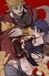  1girl 2boys armor birthmark bleeding blonde_hair blood blue_eyes blue_hair breasts cape crossed_arms dio_brando fingerless_gloves genderswap genderswap_(mtf) gloves groin headband highres joestar_birthmark jojo_no_kimyou_na_bouken jonathan_joestar large_breasts multiple_boys nipples pauldrons phantom_blood puppetjackmj shirt short_hair shoulder_armor stand_(jojo) stardust_crusaders tearing_clothes the_world time_paradox toned torn_clothes torn_shirt 