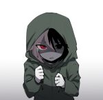  1boy black_eyes black_hair clenched_hands eyebrows_visible_through_hair gradient gradient_background green_jumpsuit hands_up heterochromia hood hood_up hooded_jacket jacket jumpsuit long_sleeves multicolored_hair nanami_izu nu_(qjqmfqjqmf02) pink_hair red_eyes saibou_shinkyoku scared shaded_face short_hair solo sweat two-tone_hair 