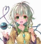  1girl :d bangs blouse blush breasts buttons collarbone diamond_button eyeball eyebrows_visible_through_hair frilled_shirt_collar frilled_sleeves frills hair_between_eyes hands_up heart heart_of_string highres ikazuchi_akira komeiji_koishi light_green_hair long_sleeves looking_at_viewer medium_hair no_hat no_headwear open_mouth shirt simple_background smile solo third_eye touhou upper_body wavy_hair white_background wide_sleeves yellow_shirt 