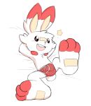  buckteeth clothed clothing fur hi_res lying male nintendo oob open_mouth pok&eacute;mon pok&eacute;mon_(species) red_clothing red_underwear scorbunny smile solo spread_legs spreading teeth underwear underwear_only video_games white_body white_fur 