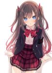  1girl black_jacket blazer blue_eyes blush bow bowtie brown_hair collared_shirt copyright_request highres hoshi_(snacherubi) jacket long_hair long_sleeves looking_at_viewer parted_lips plaid plaid_skirt pleated_skirt red_bow red_bowtie red_skirt shirt simple_background sitting skirt solo two_side_up virtual_youtuber wariza white_background white_shirt 