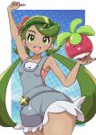  1girl :d arm_up bangs blush border bounsweet breasts collarbone cowboy_shot dark-skinned_female dark_skin eyelashes flower fu_(tk1189227dhy) green_eyes green_hair green_headband grey_overalls hand_up happy headband highres holding holding_pokemon long_hair looking_at_viewer mallow_(pokemon) open_mouth outside_border overall_shorts overalls pink_flower pink_shirt pokemon pokemon_(creature) pokemon_(game) pokemon_sm shirt smile sparkle swept_bangs symbol-only_commentary teeth tongue twintails upper_teeth white_border 