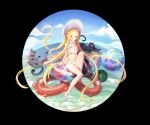  1girl abigail_williams_(fate) abigail_williams_(swimsuit_foreigner)_(fate) animal ball barefoot bikini black_background blonde_hair blue_eyes blue_sky bonnet cat cloud day fate/grand_order fate_(series) food frilled_bikini frills fruit full_body highres long_hair looking_at_viewer navel ocean outdoors sarena simple_background sitting sky solo stomach swimsuit toes very_long_hair watermelon white_bikini 