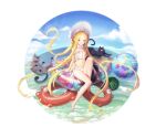  1girl abigail_williams_(fate) abigail_williams_(swimsuit_foreigner)_(fate) animal ball barefoot bikini blonde_hair blue_eyes blue_sky bonnet cat cloud day fate/grand_order fate_(series) food frilled_bikini frills fruit full_body highres long_hair looking_at_viewer navel ocean outdoors sarena simple_background sitting sky solo stomach swimsuit toes very_long_hair watermelon white_background white_bikini 