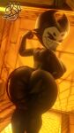  2022 3d_(artwork) anthro bendy_and_the_ink_machine bendy_the_dancing_demon big_breasts big_teeth black_body breasts crossgender curvy_figure darling_(dreams_come_true) demon digital_media_(artwork) dreams_come_true female flexing hi_res looking_at_viewer looking_back mtf_crossgender sharp_teeth simple_background skxx_elliot smile solo teeth thick_thighs video_games voluptuous voluptuous_female yellow_background 