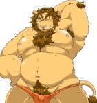 2022 anthro belly big_belly bulge clothing felid hi_res kemono lion male mammal moobs navel nipples one_eye_closed overweight overweight_male pantherine pink_nose pubes simple_background solo suishou0602 underwear wink 