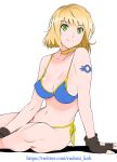  1girl absurdres bikini blonde_hair breasts cleavage fallout_(series) fallout_4 fingerless_gloves gloves green_eyes highres rudoni short_hair side-tie_bikini simple_background solo swimsuit twitter_username vault_girl web_address white_background 