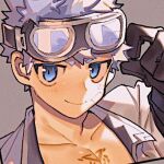  1boy alternate_skin_color bandaid bandaid_on_cheek bandaid_on_face black_gloves blue_eyes chest_tattoo gloves goggles goggles_on_head gomoku_(gomoku418) grey_background isaac_(housamo) lowres male_focus portrait smile solo tattoo tokyo_afterschool_summoners white_hair 