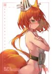  1girl absurdres animal_ears arknights blush breasts crossed_arms ear_covers ear_tag facebook_username flametail_(arknights) green_eyes hanbok625 highres nude plurk_username pouch qr_code red_hair short_hair_with_long_locks simple_background small_breasts solo squirrel_ears squirrel_girl squirrel_tail tail twitter_username upper_body v-shaped_eyebrows white_background 