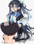  1girl :o absurdly_long_hair arisu_(blue_archive) black_hair black_hairband black_legwear black_skirt blue_archive blue_eyes blue_necktie blush collared_shirt full_body hair_between_eyes hairband halo hamita_(rikopin_ika) highres jacket long_hair looking_at_viewer multicolored_clothes multicolored_jacket necktie no_shoes one_side_up open_clothes open_jacket pleated_skirt ringed_eyes shirt simple_background skirt skirt_hold socks solo tie_clip very_long_hair white_background 