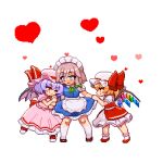  3girls ;) animated animated_gif apron arm_hug ascot bangs bat_wings blonde_hair blue_eyes blue_skirt blue_vest blush bobby_socks boots bow braid commentary confused crystal eyebrows_visible_through_hair flandre_scarlet footwear_bow frilled_apron frilled_skirt frills full-face_blush full_body green_ascot green_bow grey_hair hair_bow hat hat_ribbon heart izayoi_sakuya looking_at_another looping_animation maid maid_headdress migel_futoshi mob_cap multiple_girls one_eye_closed one_side_up petticoat pink_headwear pink_shirt pink_skirt puffy_short_sleeves puffy_sleeves purple_hair red_eyes red_footwear red_ribbon red_skirt red_vest remilia_scarlet ribbon shirt shoes short_hair short_sleeves skirt smile smug socks touhou tug_of_war twin_braids vest white_background white_footwear white_headwear white_legwear white_shirt wings 