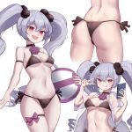  1girl absurdres ahoge ass ball bangs beachball bikini black_bikini breasts cleavage collar colored_eyelashes eyebrows_visible_through_hair grey_hair guardian_tales highres holding holding_phone medium_breasts multiple_views navel necromancer_noxia open_mouth phone sliverdog smile sweat swimsuit twintails v white_background 