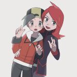  2boys backwards_hat black_shirt commentary_request cowlick ethan_(pokemon) flipped_hair grey_eyes hand_on_another&#039;s_hip hands_up hat jacket long_hair long_sleeves looking_at_viewer lower_teeth male_focus multiple_boys open_mouth pants pokemon pokemon_(game) pokemon_hgss red_hair red_jacket sana_(37pisana) shirt short_hair silver_(pokemon) teeth tongue turtleneck turtleneck_jacket white_background 