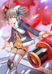  1girl bangs blue_jacket bow bronya_zaychik bronya_zaychik_(snowy_sniper) character_name closed_mouth drill_hair grey_eyes grey_hair grey_sky hair_bow honkai_(series) honkai_impact_3rd jacket looking_at_viewer looking_back outdoors project_bunny scarf snowing solo twin_drills white_scarf winter_clothes xun_yu_(1184527191) 